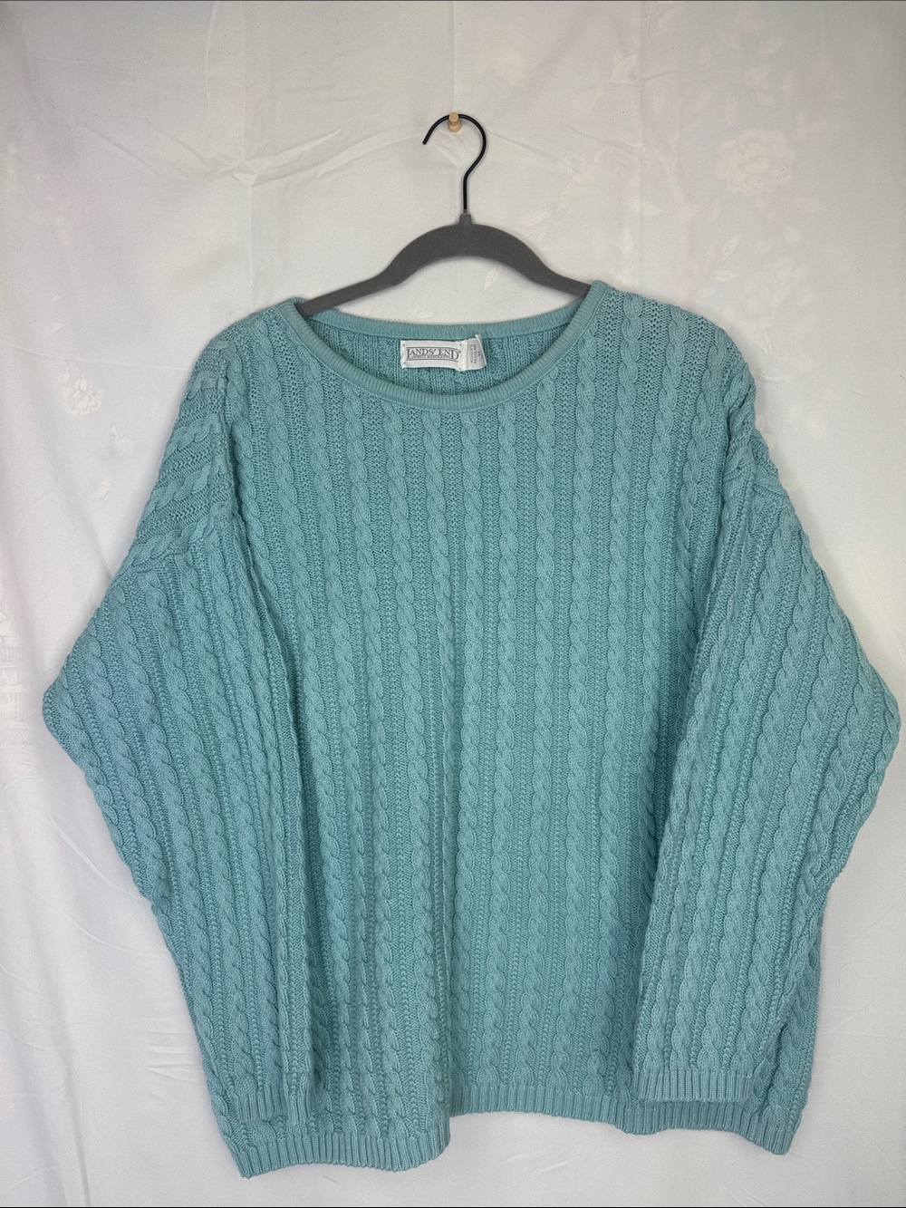Lands' End Cable-Knit Crewneck Sweater - Seafoam 100% Cotton